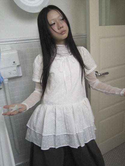 Updateang project French Lace Embroidered White Tiered Hem Short Sleeve Top