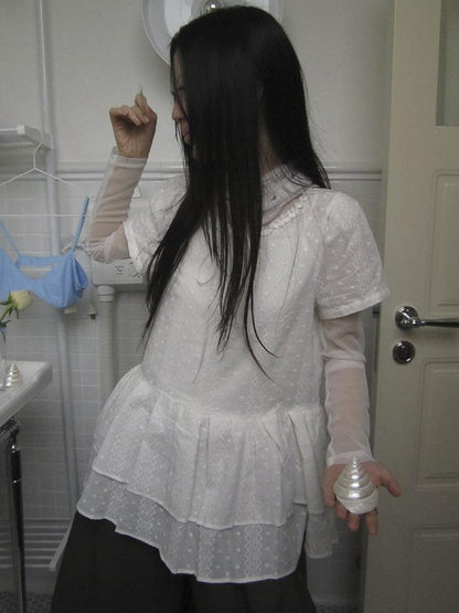 Updateang project French Lace Embroidered White Tiered Hem Short Sleeve Top