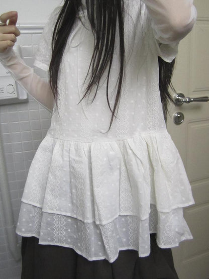 Updateang project French Lace Embroidered White Tiered Hem Short Sleeve Top