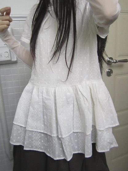 French Lace Embroidered White Tiered Hem Short Sleeve Top