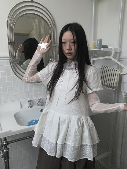 Updateang project French Lace Embroidered White Tiered Hem Short Sleeve Top