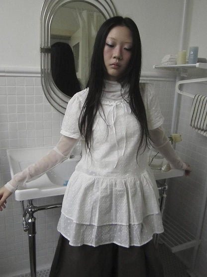 Updateang project French Lace Embroidered White Tiered Hem Short Sleeve Top