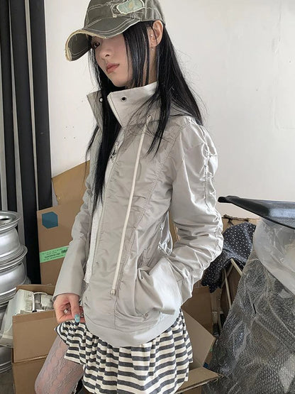 Functional Grey Hooded Wrinkle Resistant Outdoor Jacket