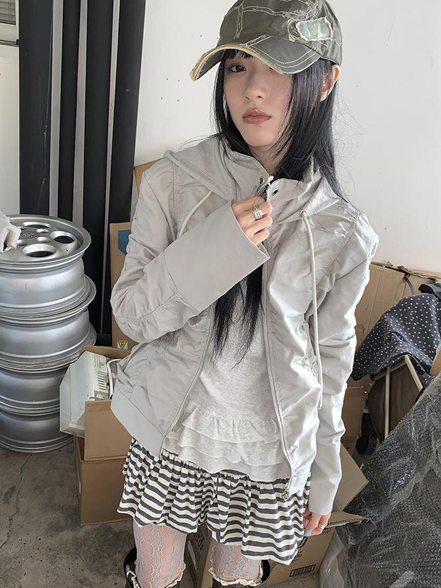ang project Functional Grey Hooded Wrinkle Resistant Outdoor Jacket