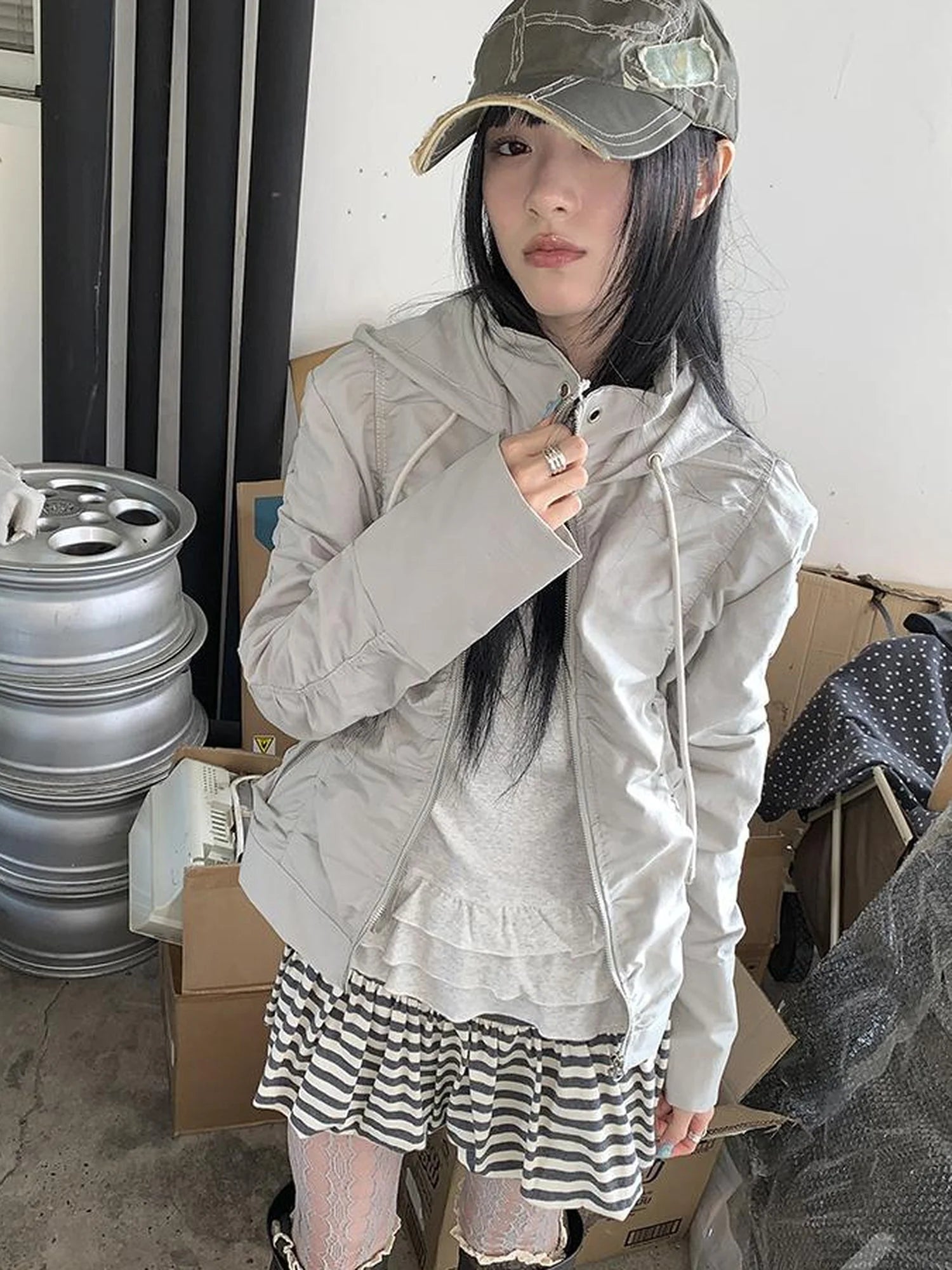 Functional Grey Hooded Wrinkle Resistant Outdoor Jacket