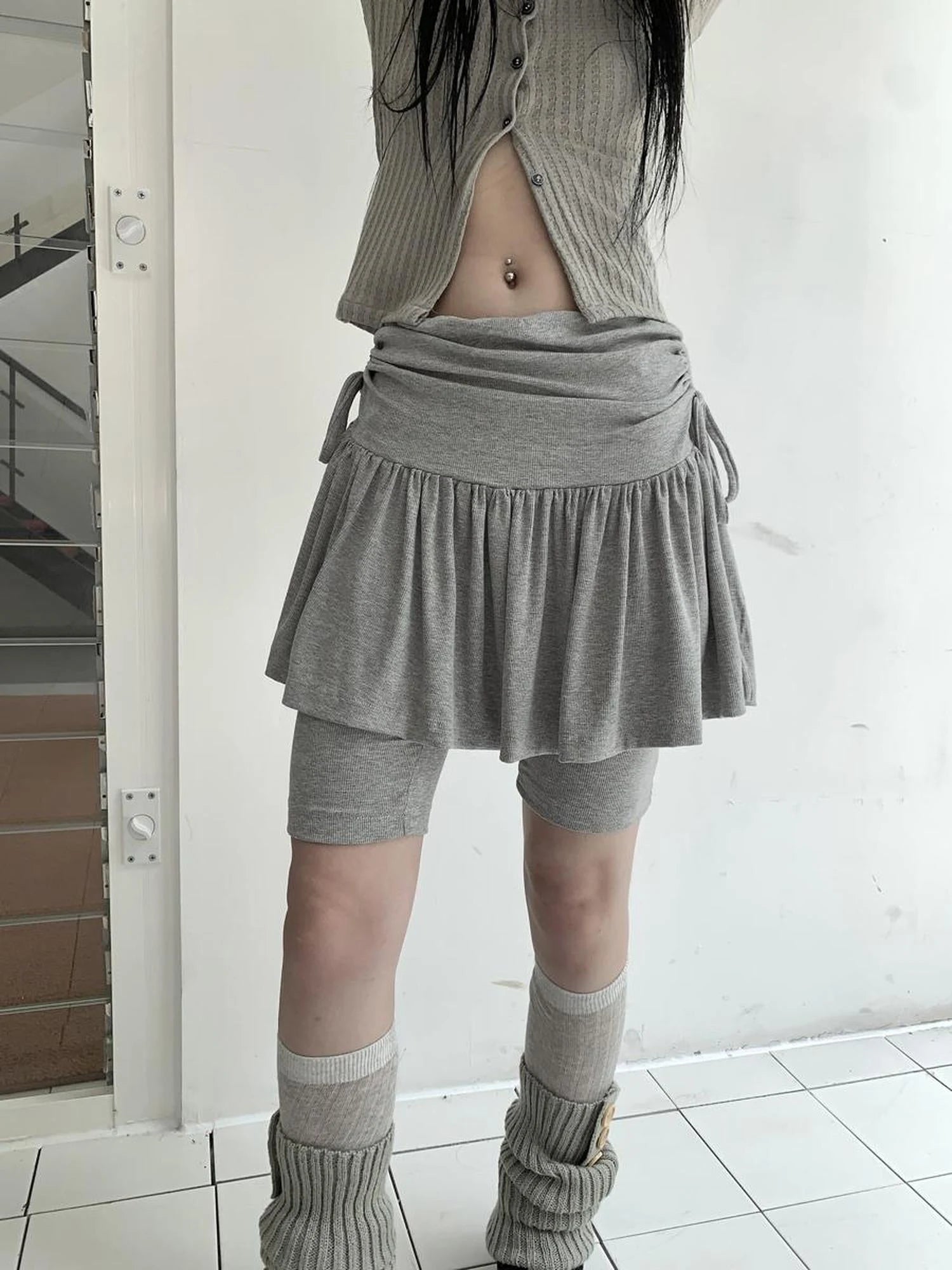 Functional Sporty Layered Drawstring Waist Short Skirt