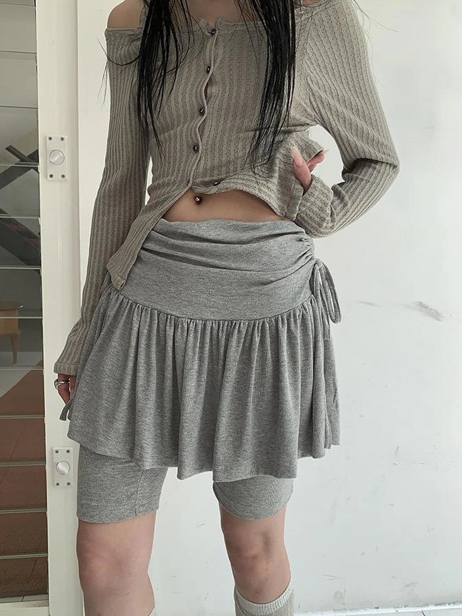 Functional Sporty Layered Drawstring Waist Short Skirt