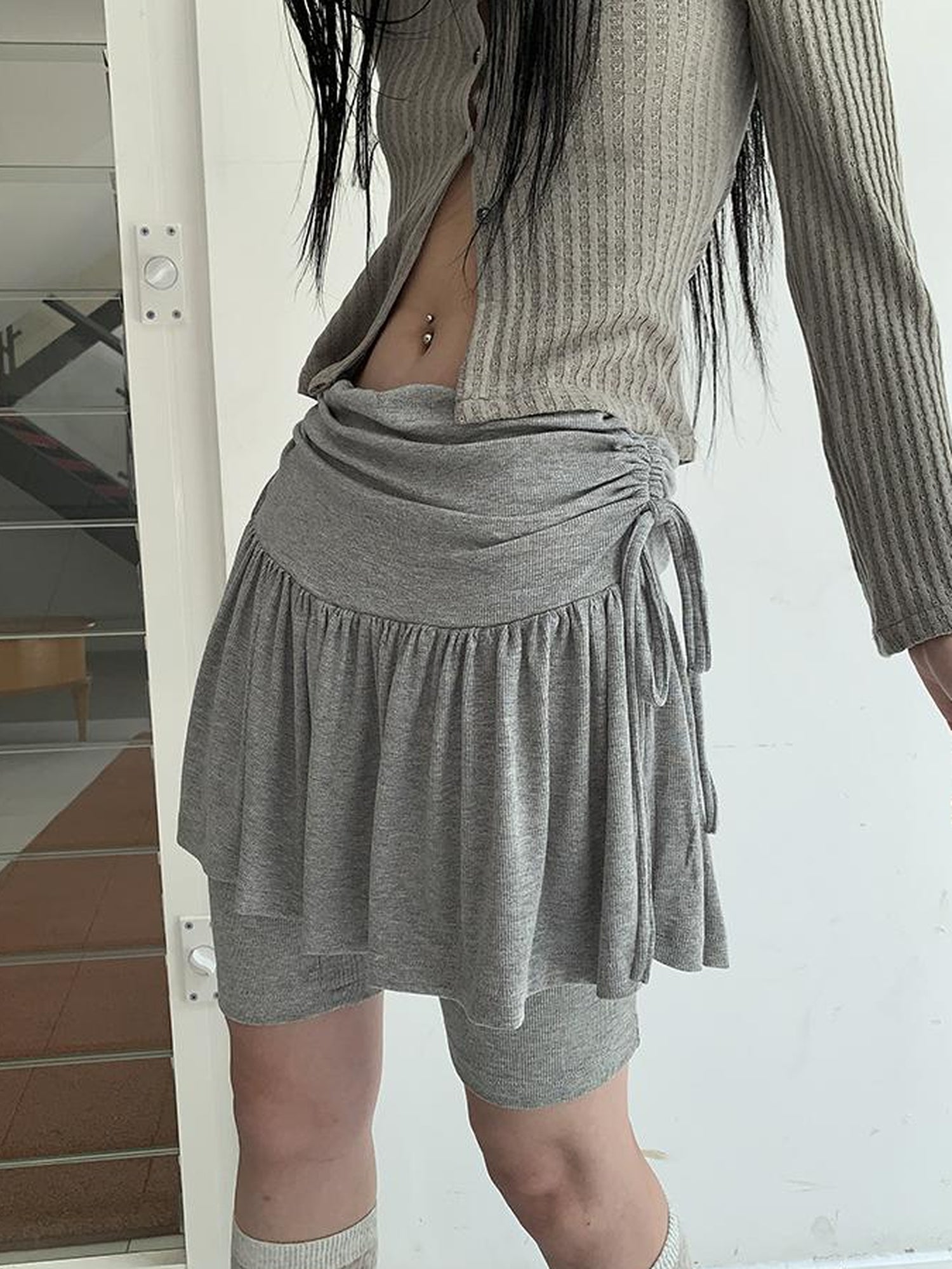 ang project Functional Sporty Layered Drawstring Waist Short Skirt