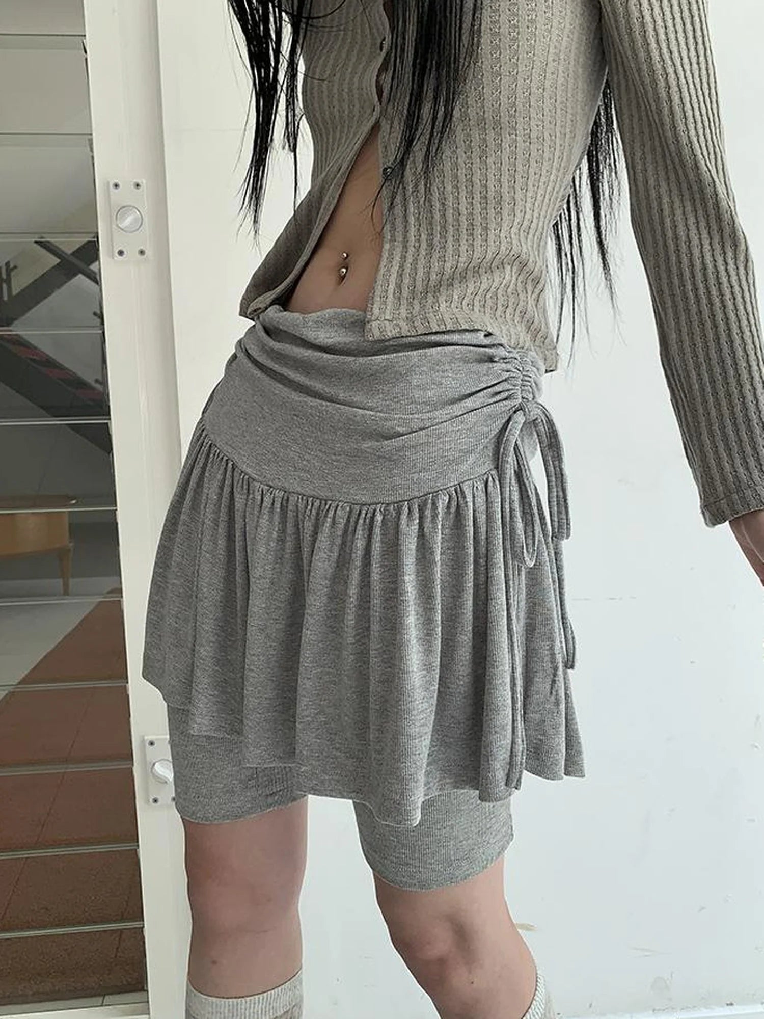 Functional Sporty Layered Drawstring Waist Short Skirt