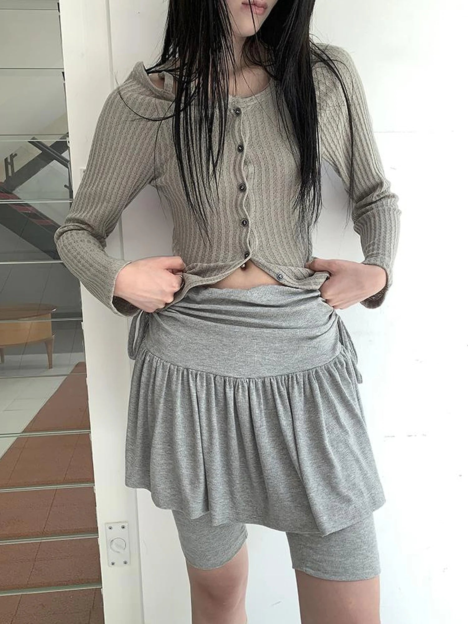 Functional Sporty Layered Drawstring Waist Short Skirt