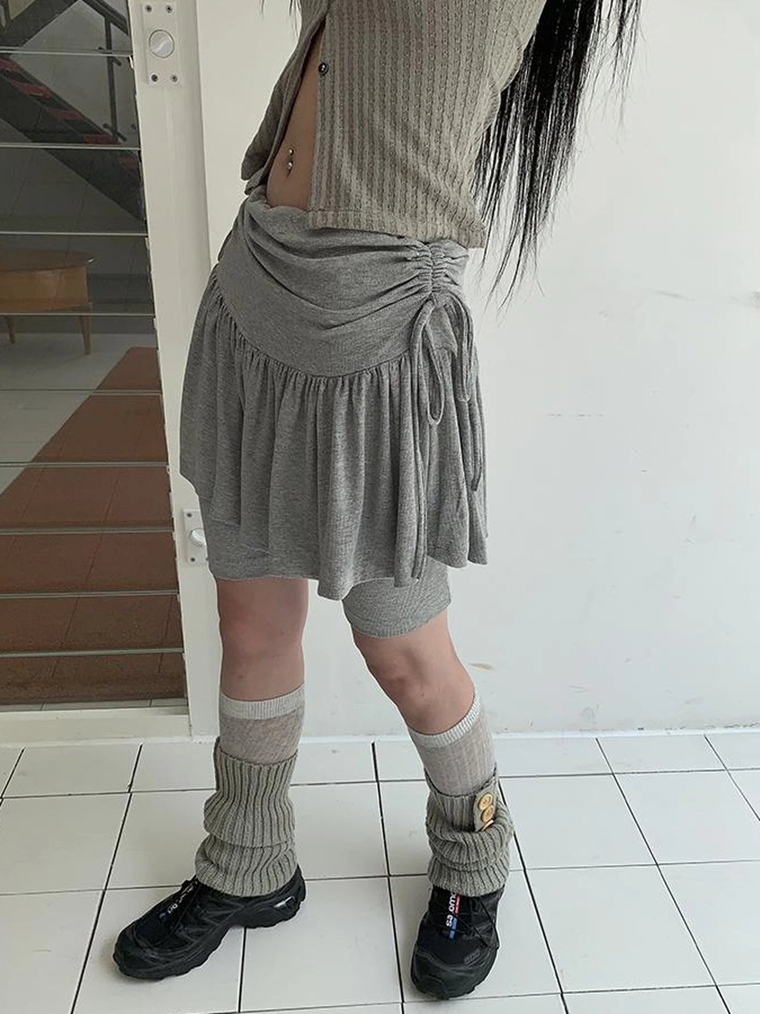 Functional Sporty Layered Drawstring Waist Short Skirt