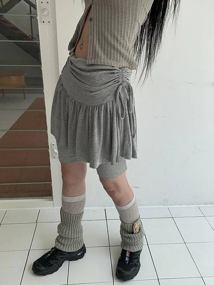 Functional Sporty Layered Drawstring Waist Short Skirt