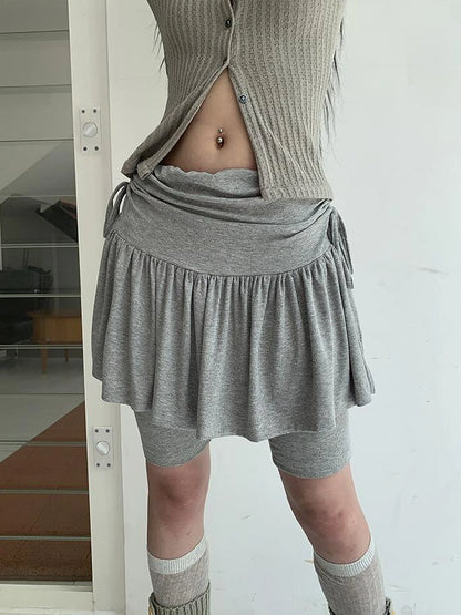 Functional Sporty Layered Drawstring Waist Short Skirt