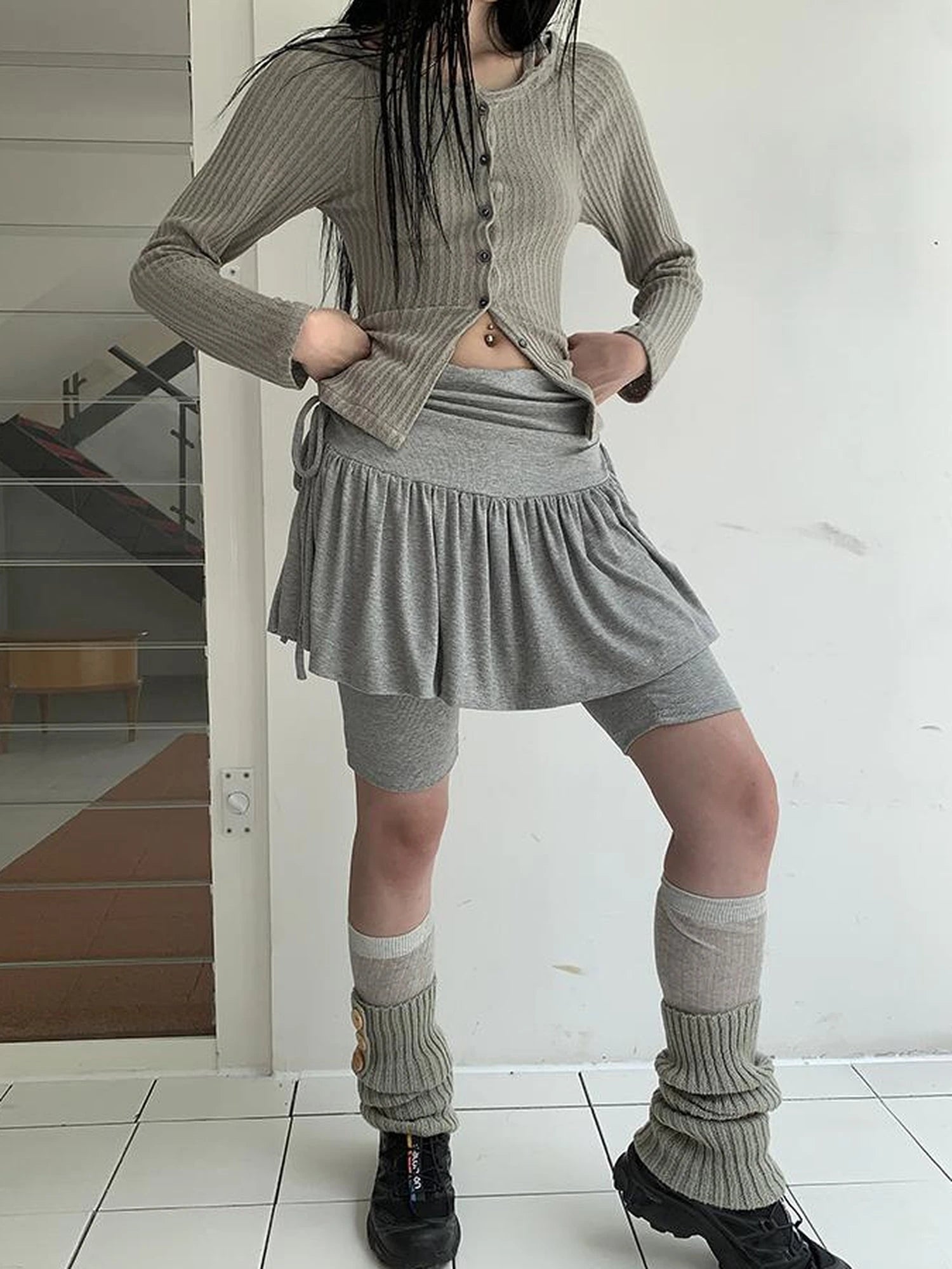 Functional Sporty Layered Drawstring Waist Short Skirt