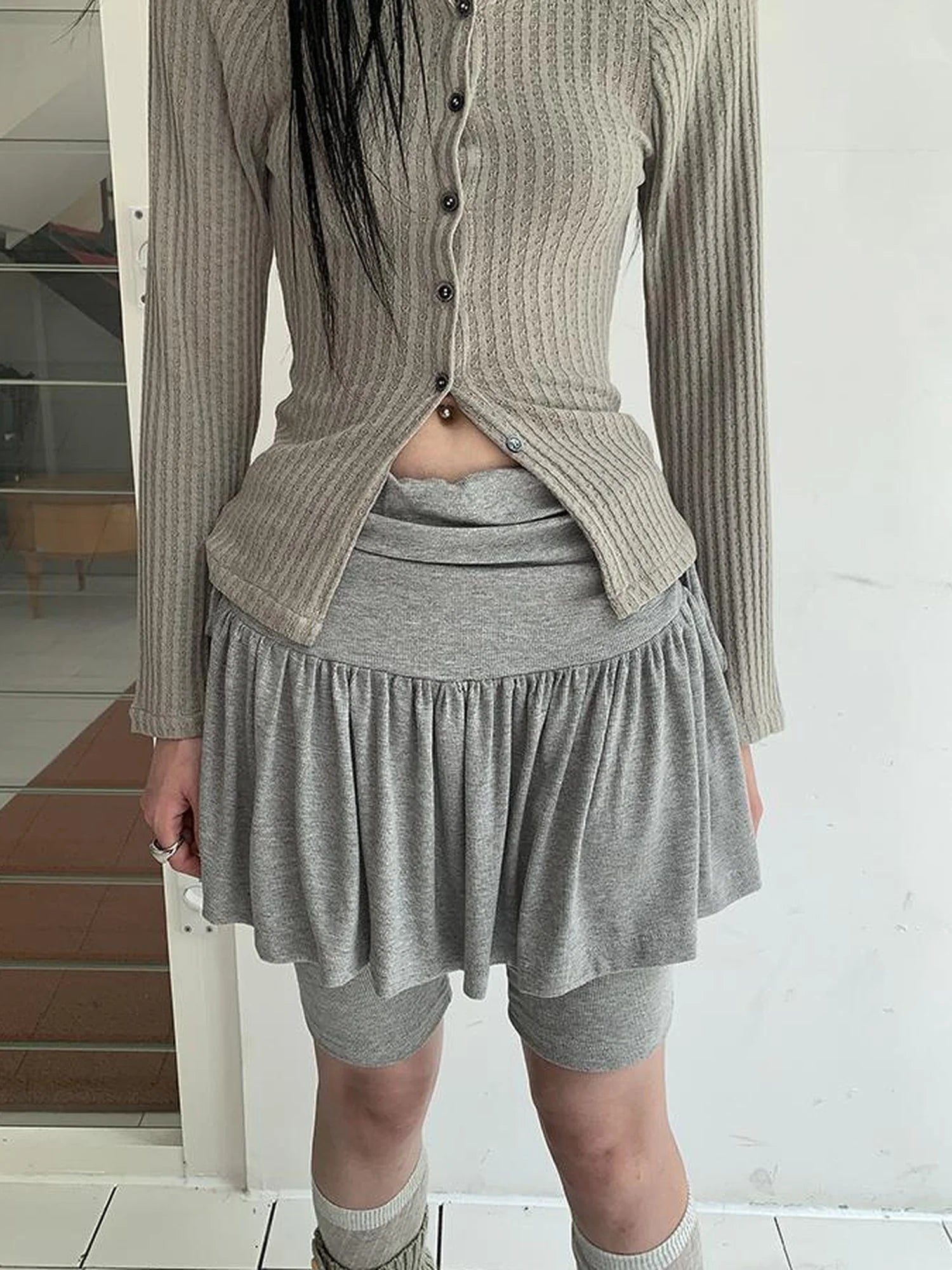 Functional Sporty Layered Drawstring Waist Short Skirt
