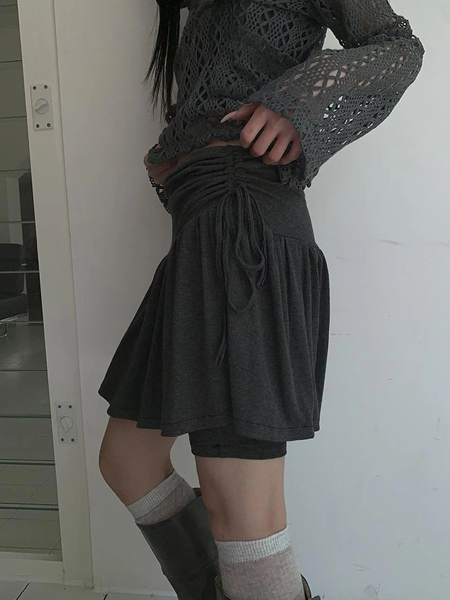 Functional Sporty Layered Drawstring Waist Short Skirt