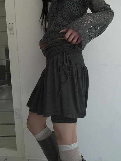 Functional Sporty Layered Drawstring Waist Short Skirt