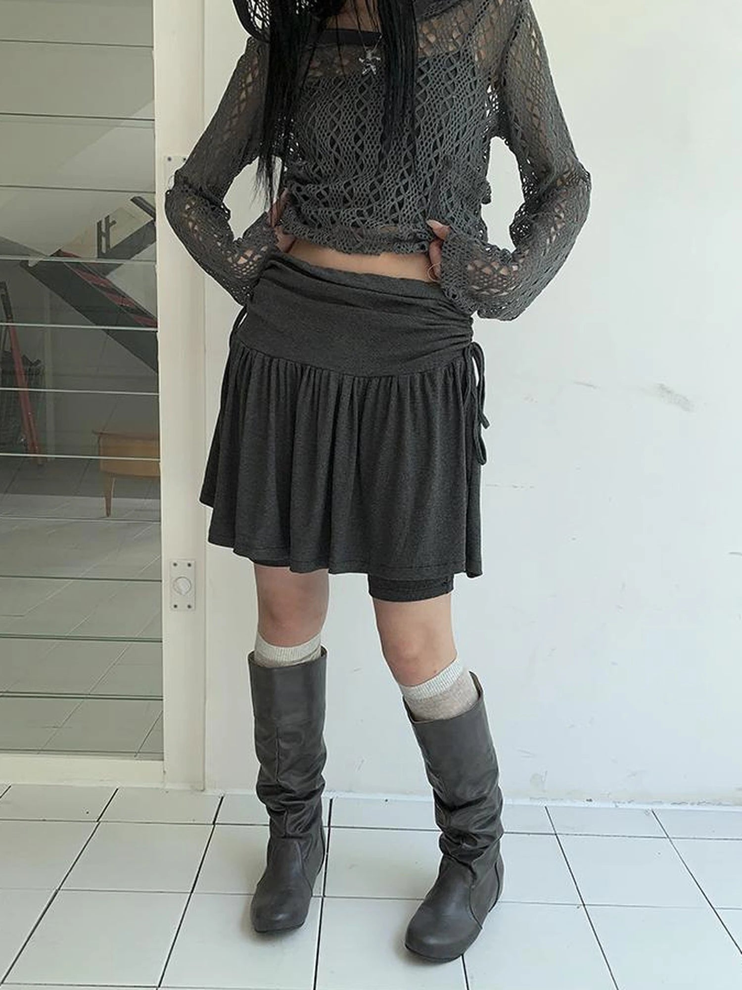 Functional Sporty Layered Drawstring Waist Short Skirt