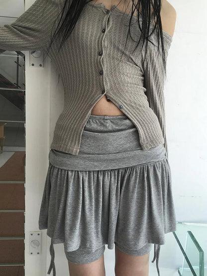 Functional Sporty Layered Drawstring Waist Short Skirt