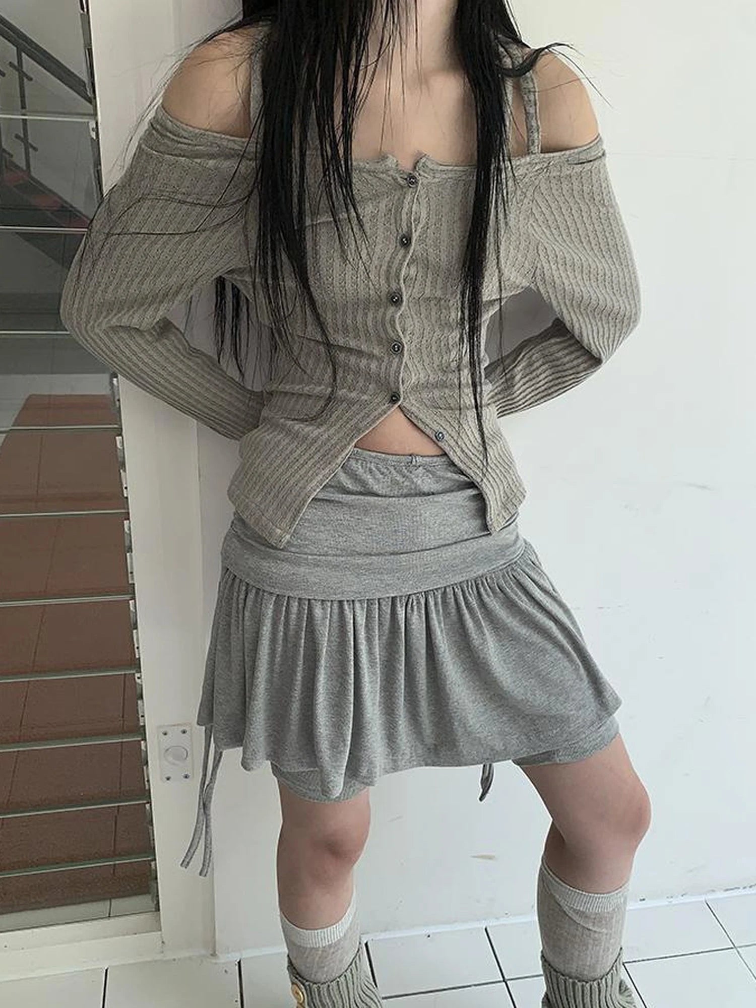 Functional Sporty Layered Drawstring Waist Short Skirt