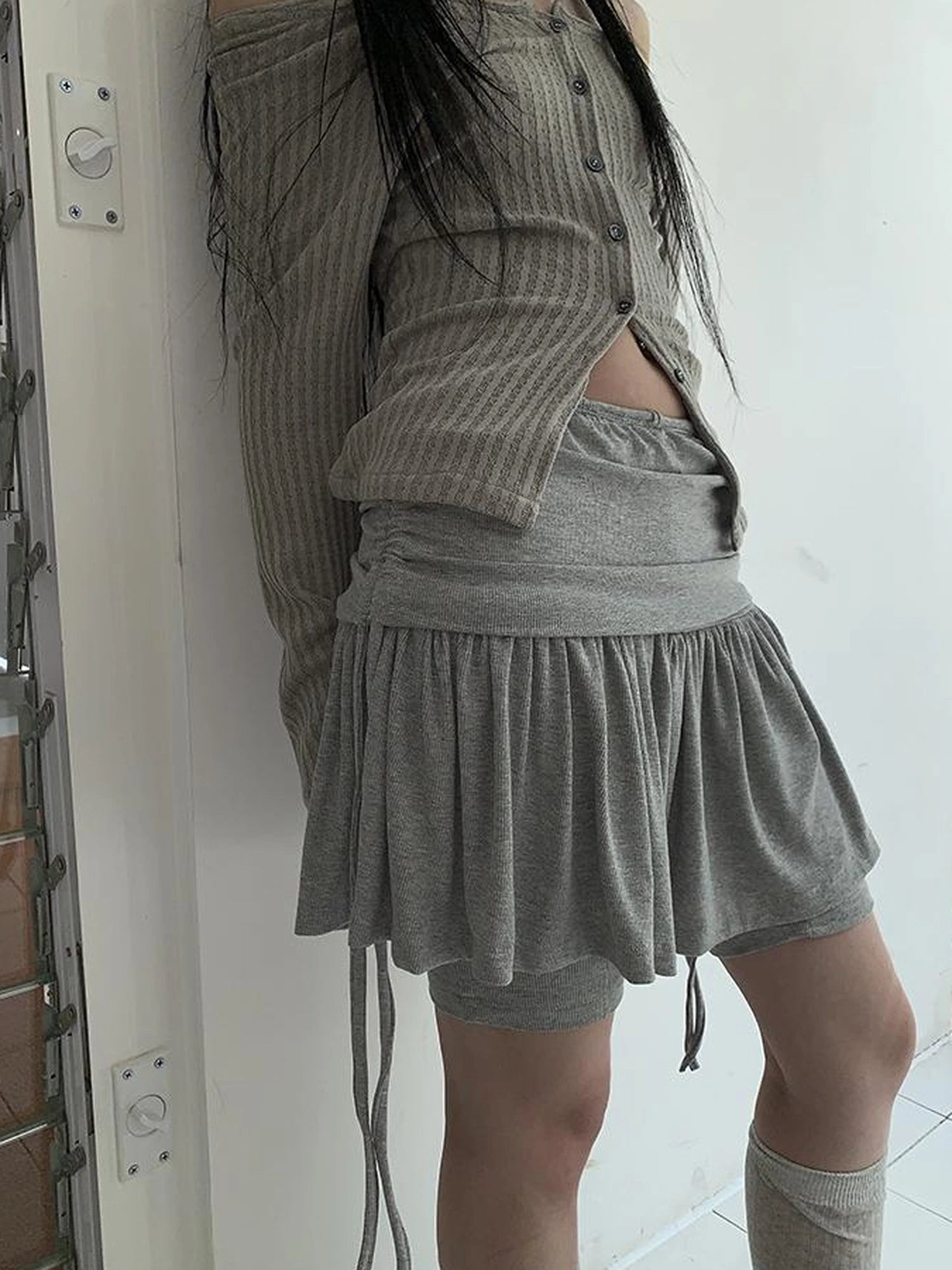 Functional Sporty Layered Drawstring Waist Short Skirt