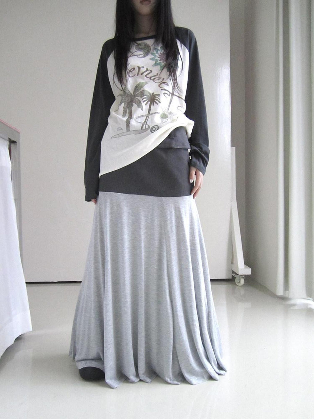 ang project Gray Double Fabric Colorblock Draped Low Waist A Line Women&