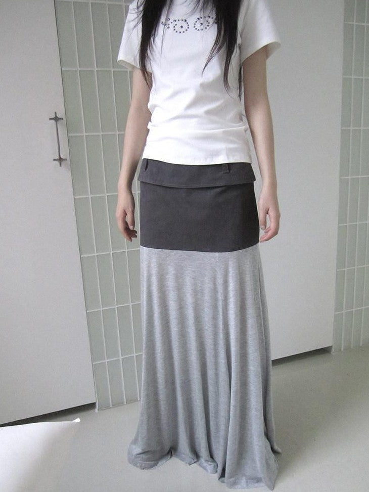 ang project Gray Double Fabric Colorblock Draped Low Waist A Line Women&
