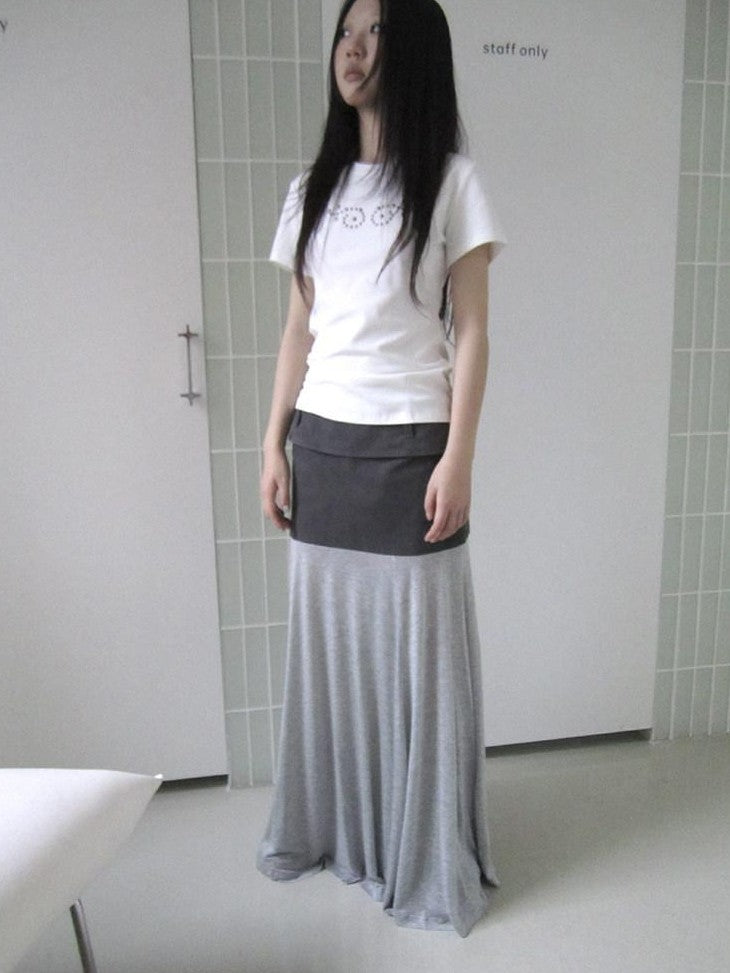 ang project Gray Double Fabric Colorblock Draped Low Waist A Line Women&