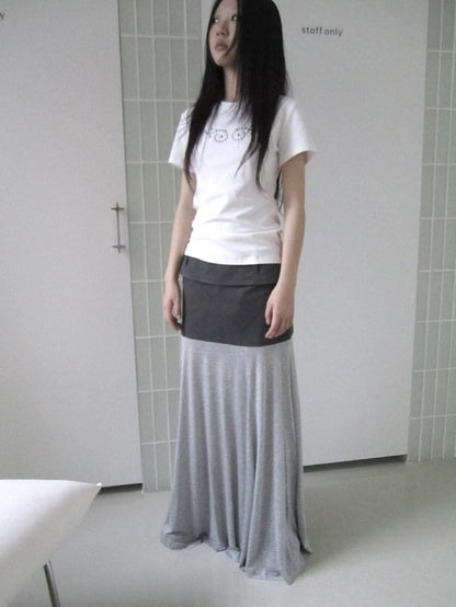 ang project Gray Double Fabric Colorblock Draped Low Waist A Line Women&