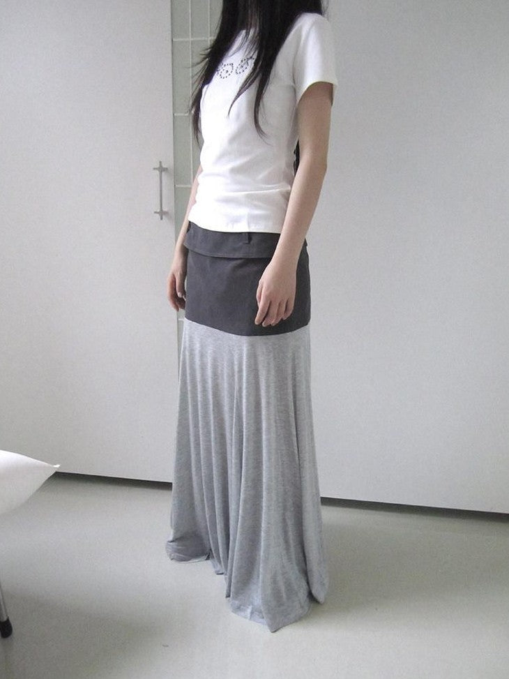 ang project Gray Double Fabric Colorblock Draped Low Waist A Line Women&