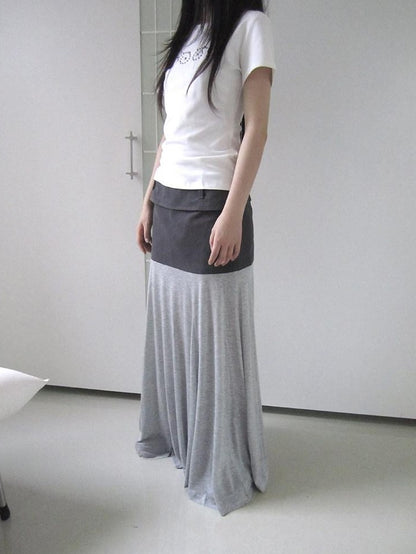 ang project Gray Double Fabric Colorblock Draped Low Waist A Line Women&