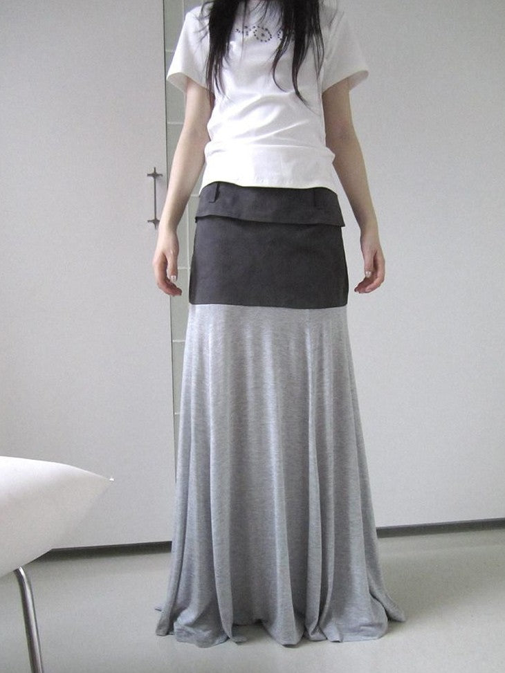 ang project Gray Double Fabric Colorblock Draped Low Waist A Line Women&