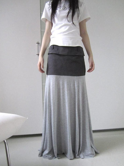 ang project Gray Double Fabric Colorblock Draped Low Waist A Line Women&