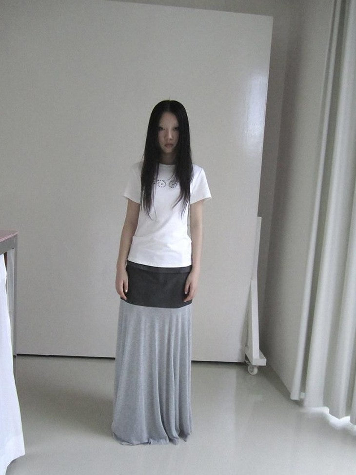 ang project Gray Double Fabric Colorblock Draped Low Waist A Line Women&