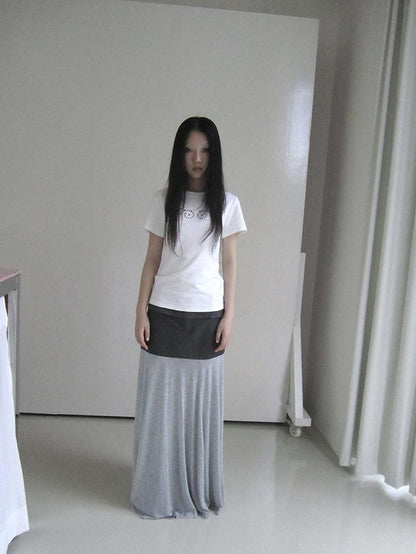 ang project Gray Double Fabric Colorblock Draped Low Waist A Line Women&