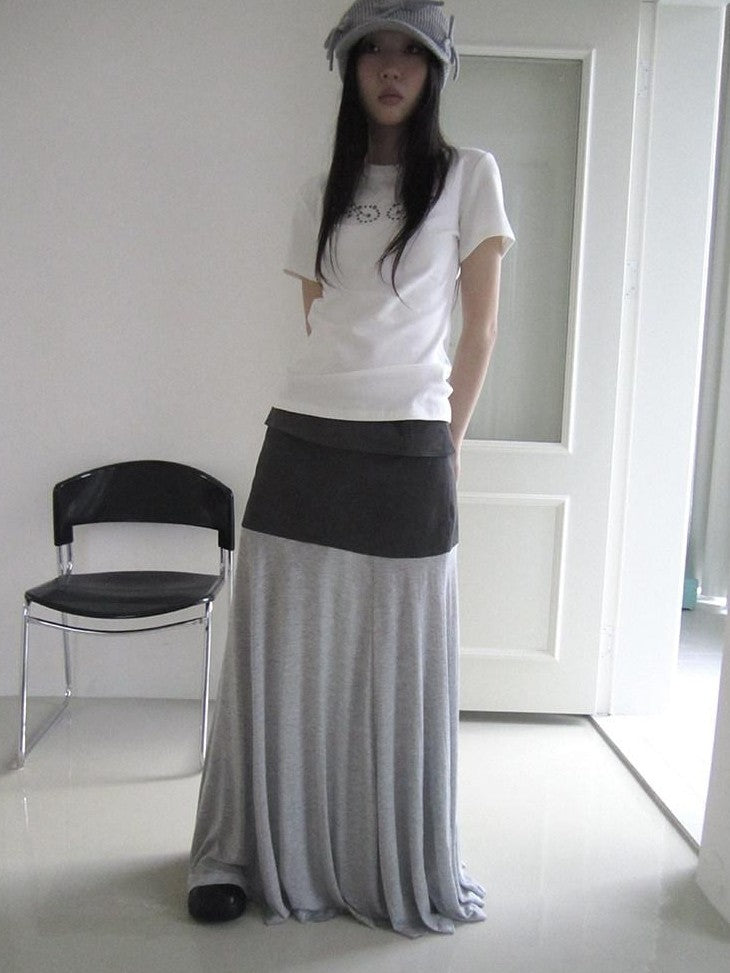 ang project Gray Double Fabric Colorblock Draped Low Waist A Line Women&