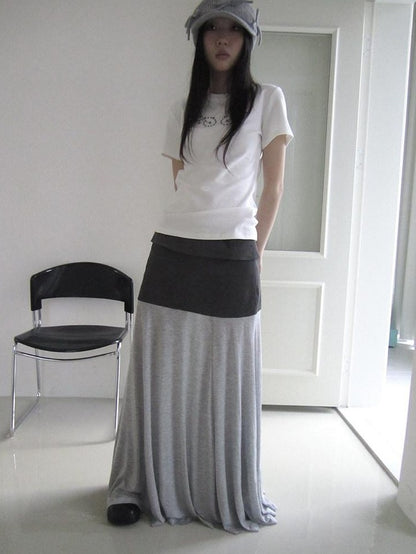 ang project Gray Double Fabric Colorblock Draped Low Waist A Line Women&