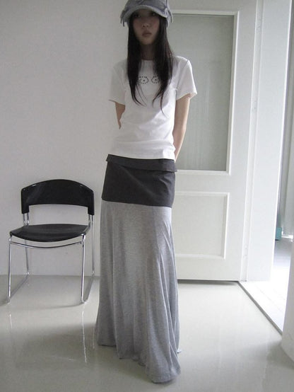 ang project Gray Double Fabric Colorblock Draped Low Waist A Line Women&
