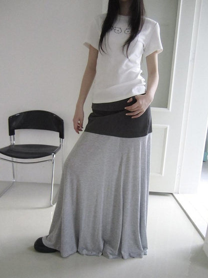 ang project Gray Double Fabric Colorblock Draped Low Waist A Line Women&