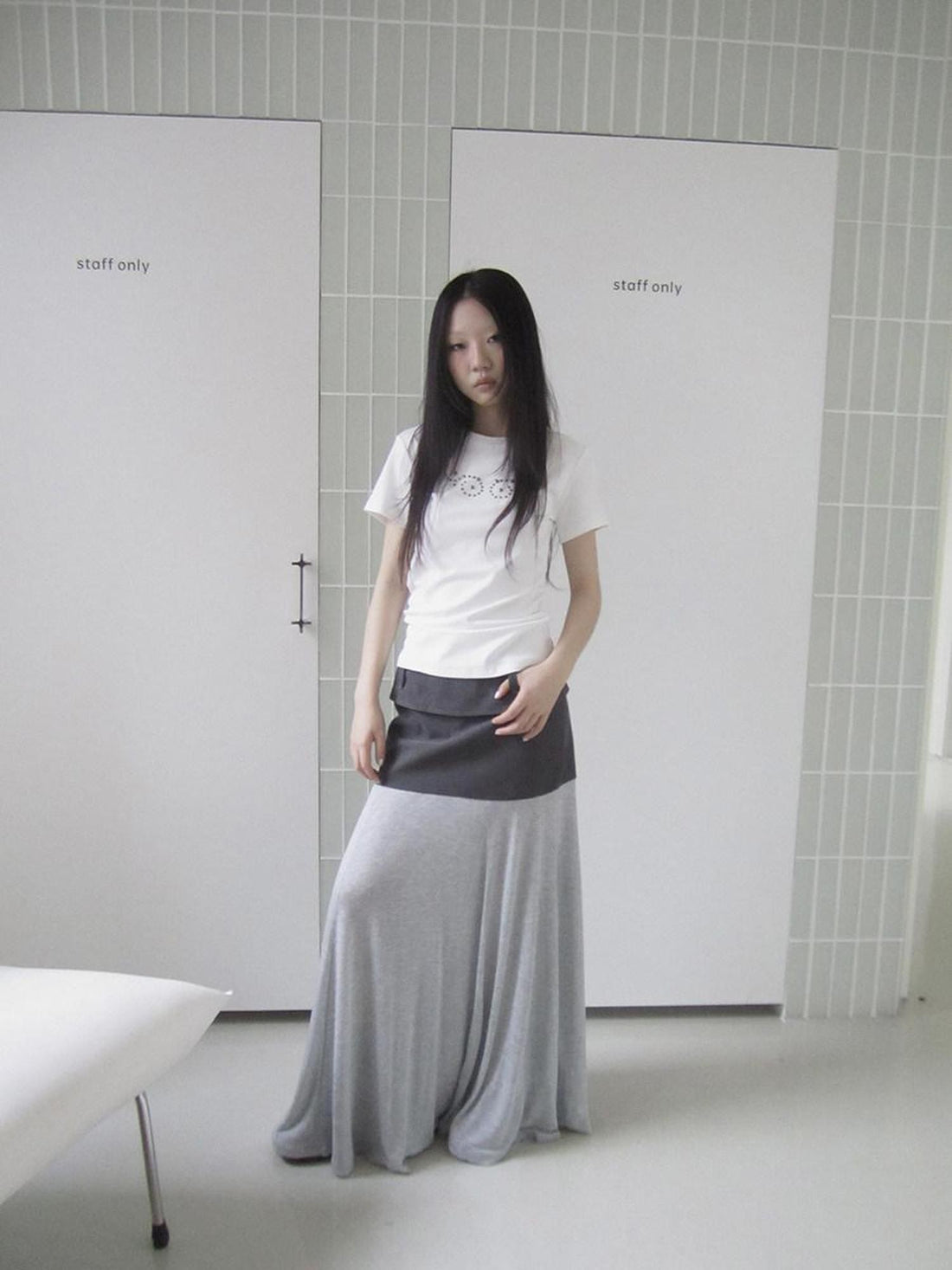 ang project Gray Double Fabric Colorblock Draped Low Waist A Line Women&