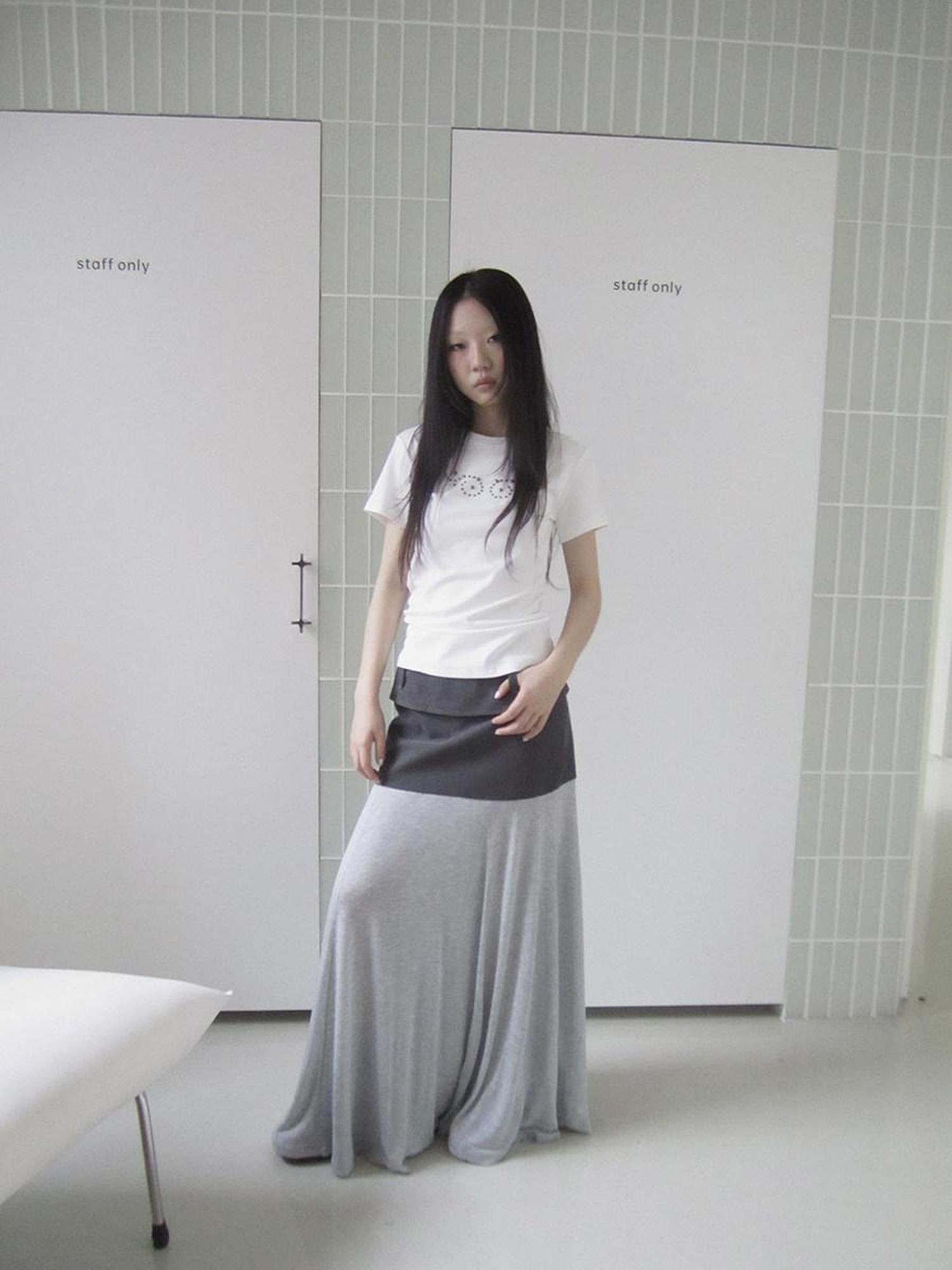 ang project Gray Double Fabric Colorblock Draped Low Waist A Line Women&