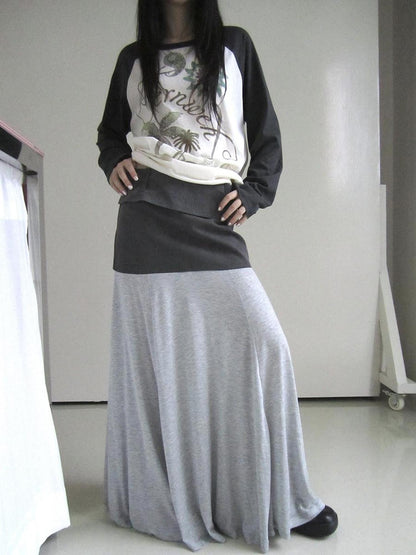 ang project Gray Double Fabric Colorblock Draped Low Waist A Line Women&