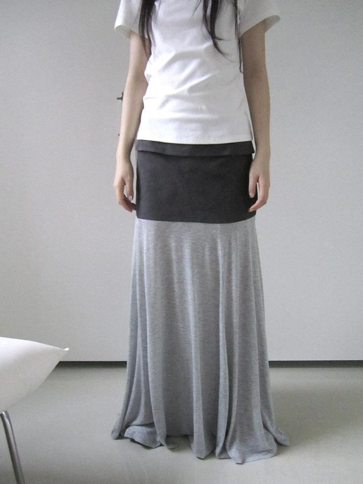 ang project Gray Double Fabric Colorblock Draped Low Waist A Line Women&