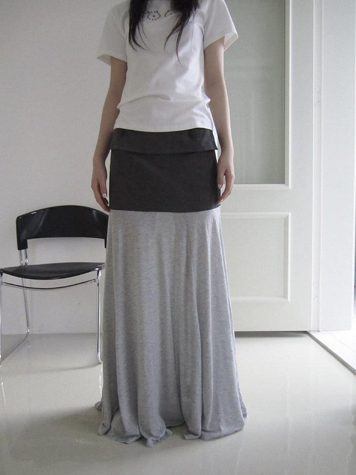 ang project Gray Double Fabric Colorblock Draped Low Waist A Line Women&