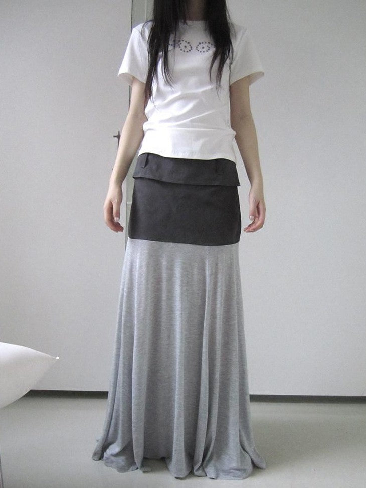 ang project Gray Double Fabric Colorblock Draped Low Waist A Line Women&
