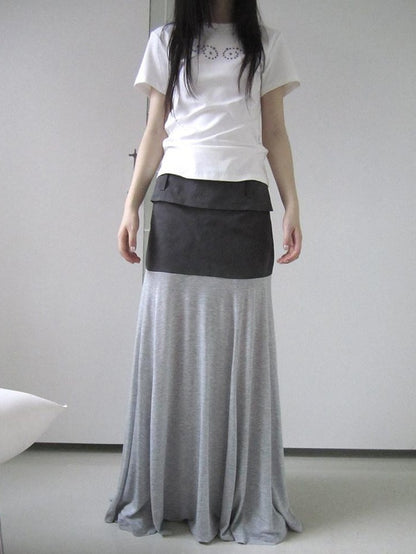 ang project Gray Double Fabric Colorblock Draped Low Waist A Line Women&