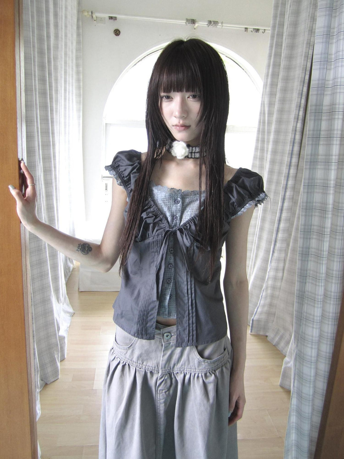 ang project Gray Floral Lace Patchwork Fake Two Piece Puff Sleeve Square Neck Women&
