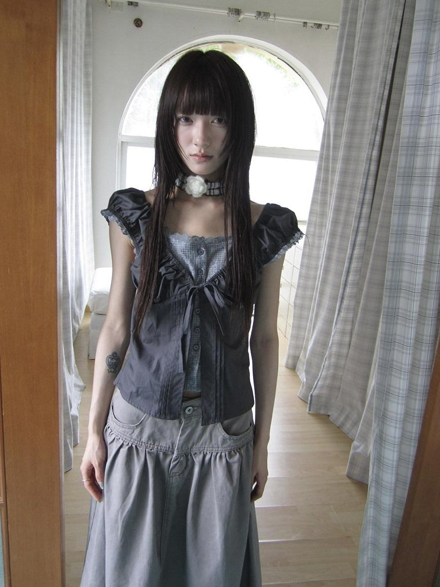 ang project Gray Floral Lace Patchwork Fake Two Piece Puff Sleeve Square Neck Women&