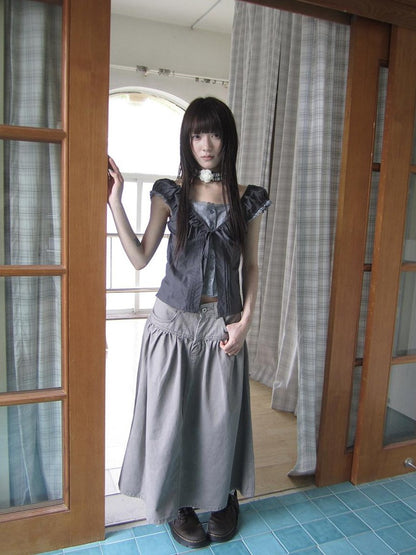 ang project Gray Floral Lace Patchwork Fake Two Piece Puff Sleeve Square Neck Women&