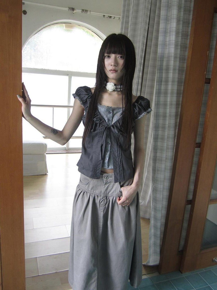 ang project Gray Floral Lace Patchwork Fake Two Piece Puff Sleeve Square Neck Women&